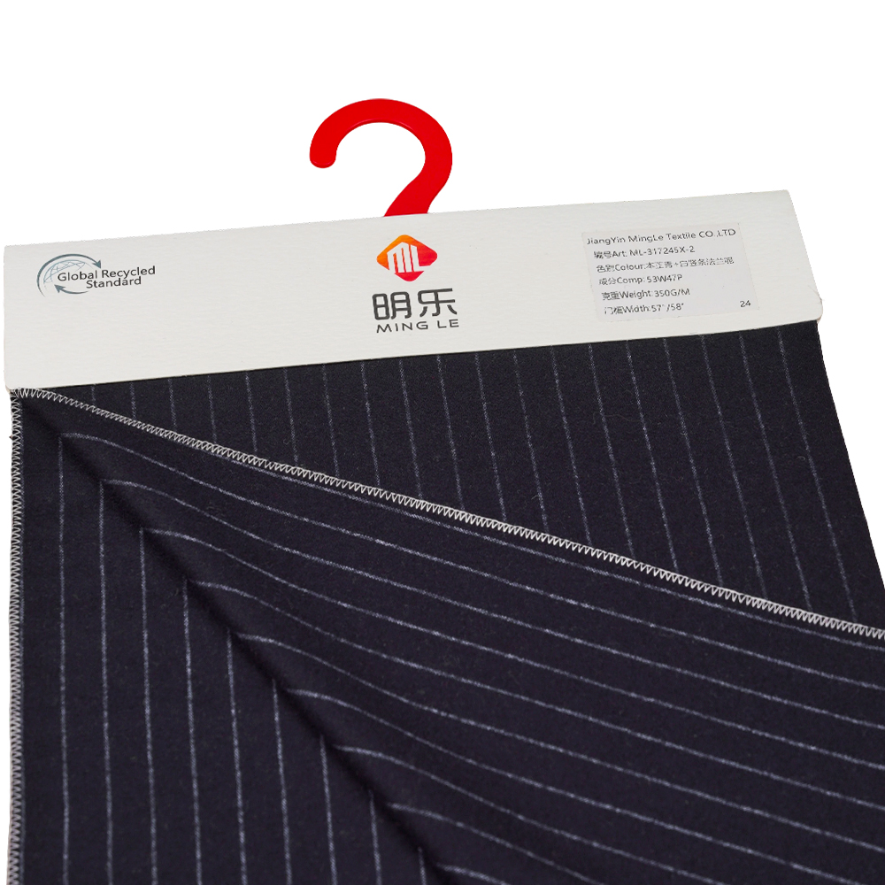 53 % vlna, 47 % polyester, 350 G/M, Zhiqing + biela, zvislá pruhovaná flanelová látka, ML-317245X-2